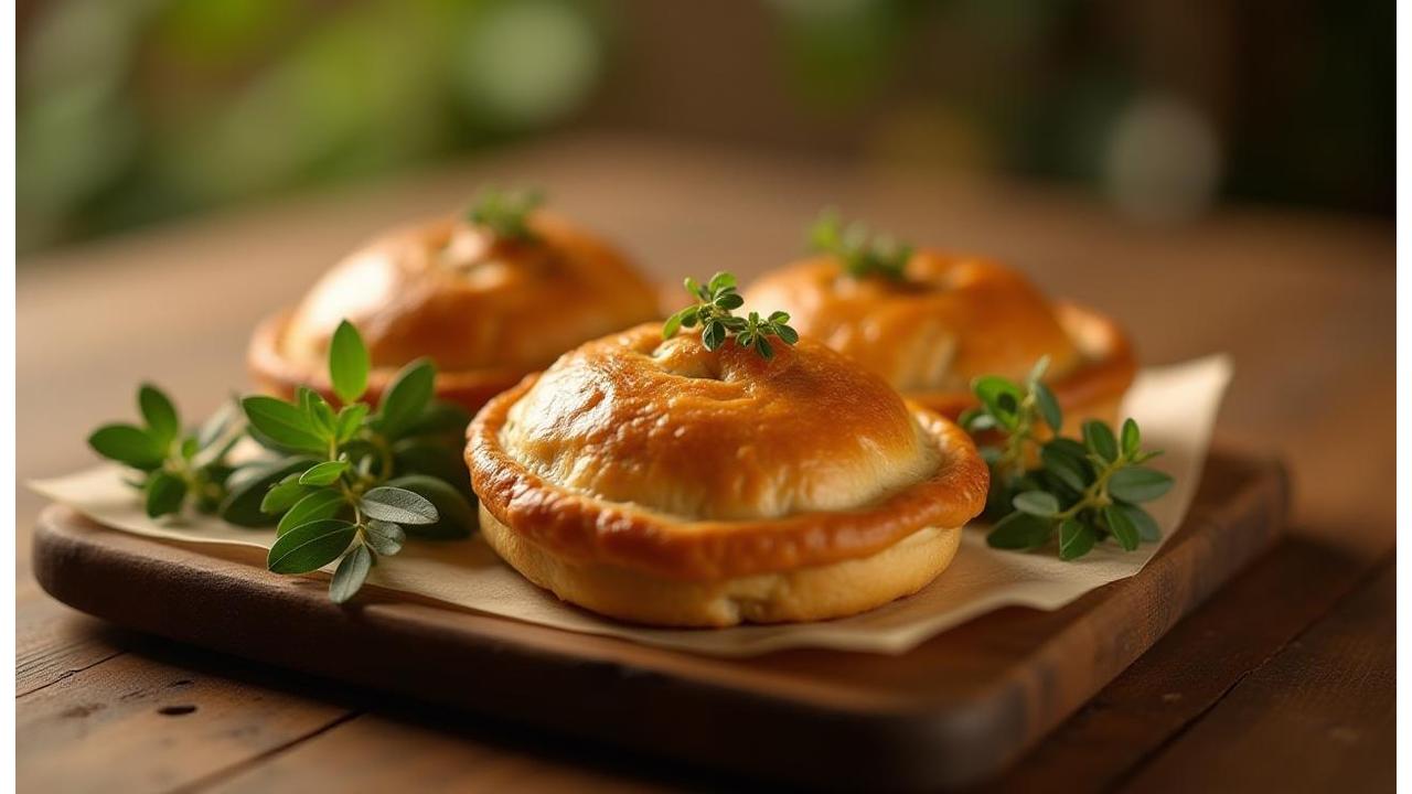 Rustic tray of British regional food with Cornish pasty and fresh herbs