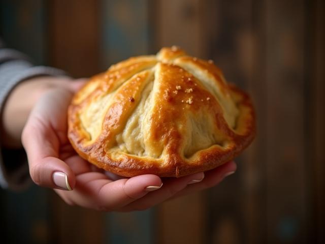 Golden Cornish pasty held by hand with a rustic background