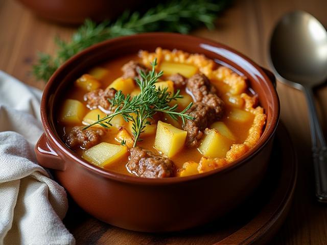 Rustic bowl of Lancashire hotpot with golden crust and fresh thyme garnish