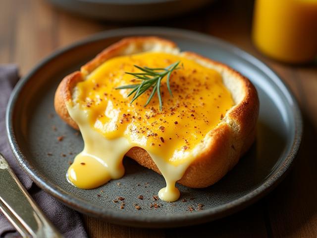 Rustic plate with toasted Welsh rarebit topped with melted cheese and mustard