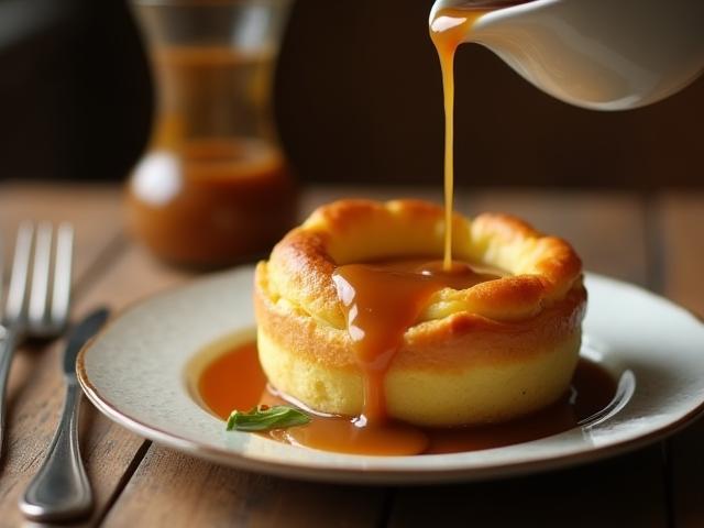 Freshly baked golden Yorkshire pudding with gravy in a rustic setting