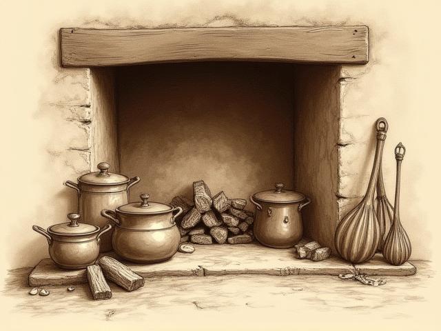 Sepia tone illustration of a traditional British kitchen hearth