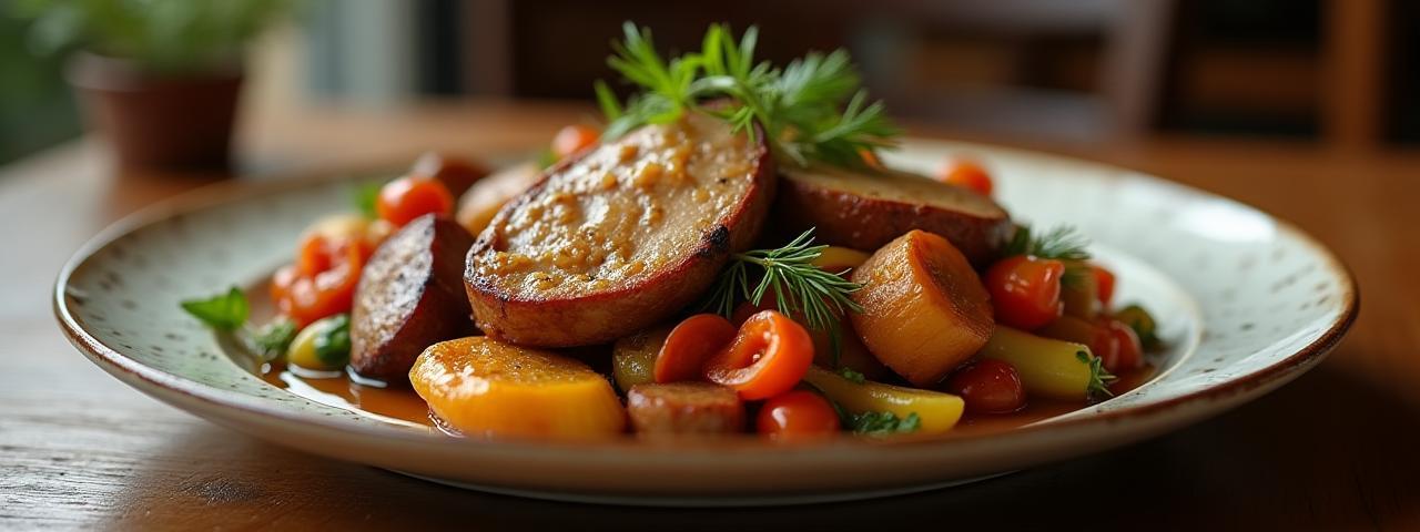 Plated traditional British regional dish with seasonal vegetables and roasted meats