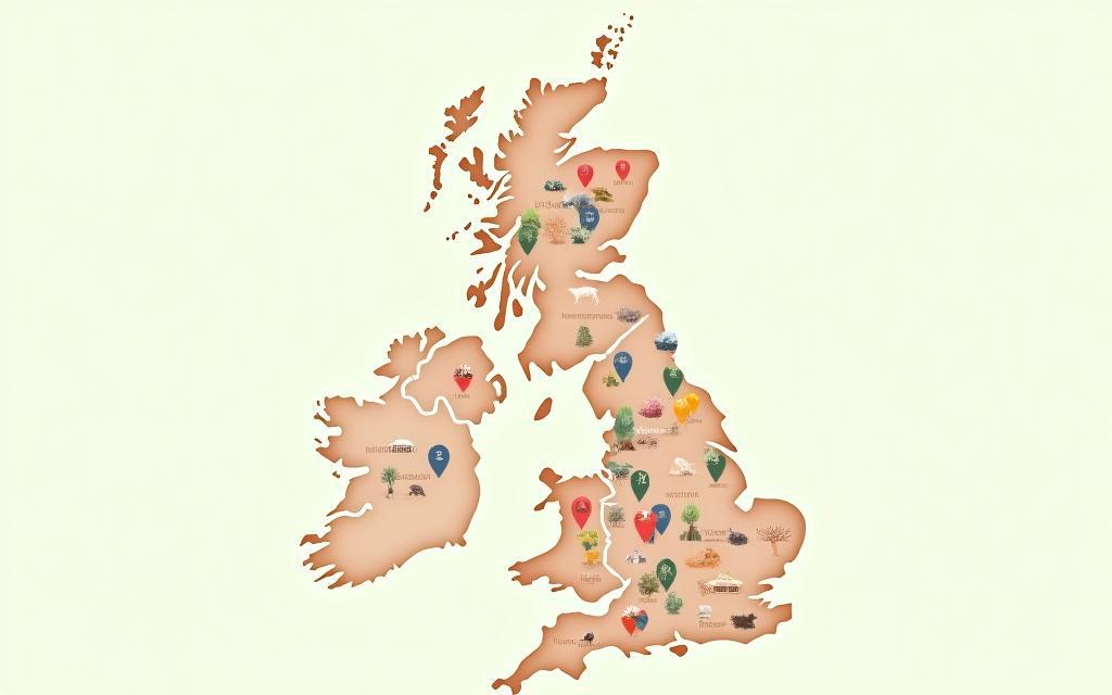 Stylized map of the United Kingdom highlighting farms and producers with pins and story excerpts