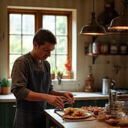 Content creator filming a culinary storytelling video in traditional British kitchen