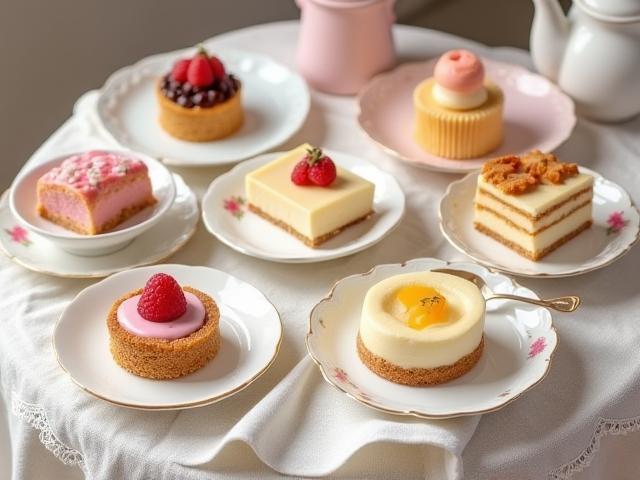 A selection of Victorian desserts on vintage china plates